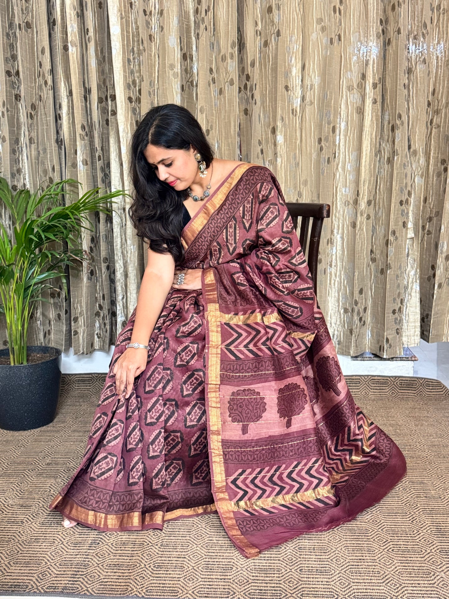 Brown Maheshwari Cotton Zari Saree