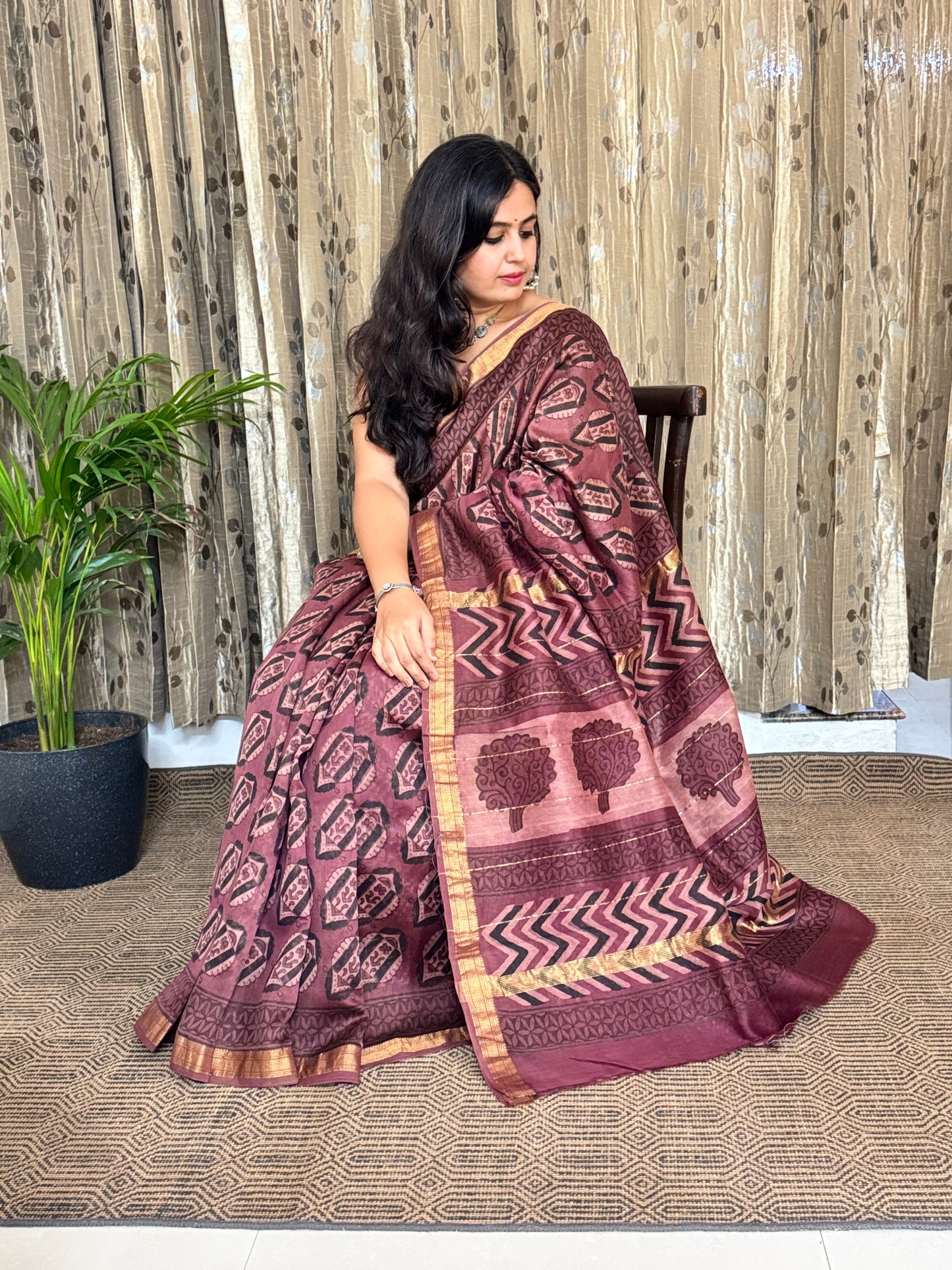 Brown Maheshwari Cotton Zari Saree