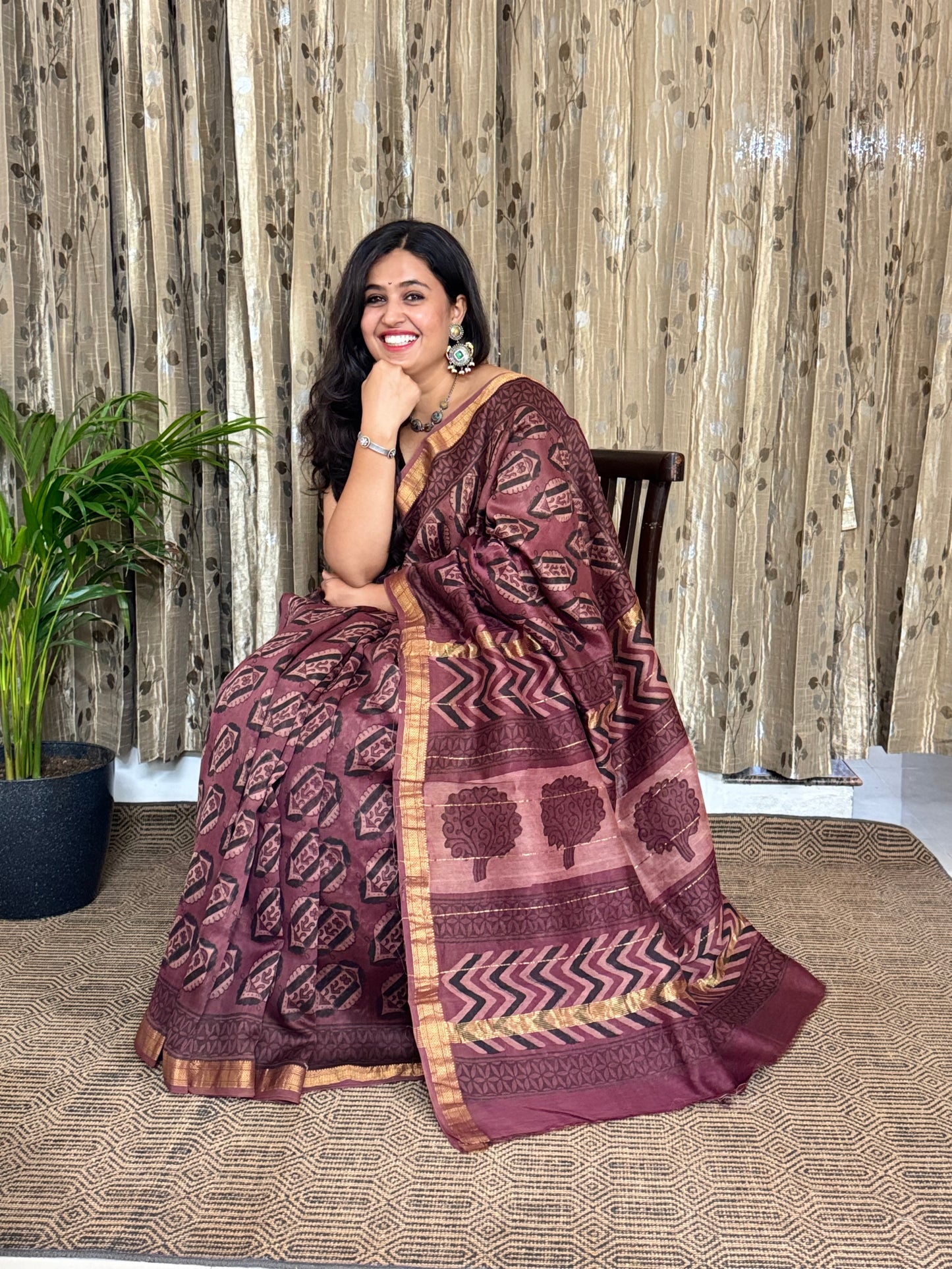 Brown Maheshwari Cotton Zari Saree