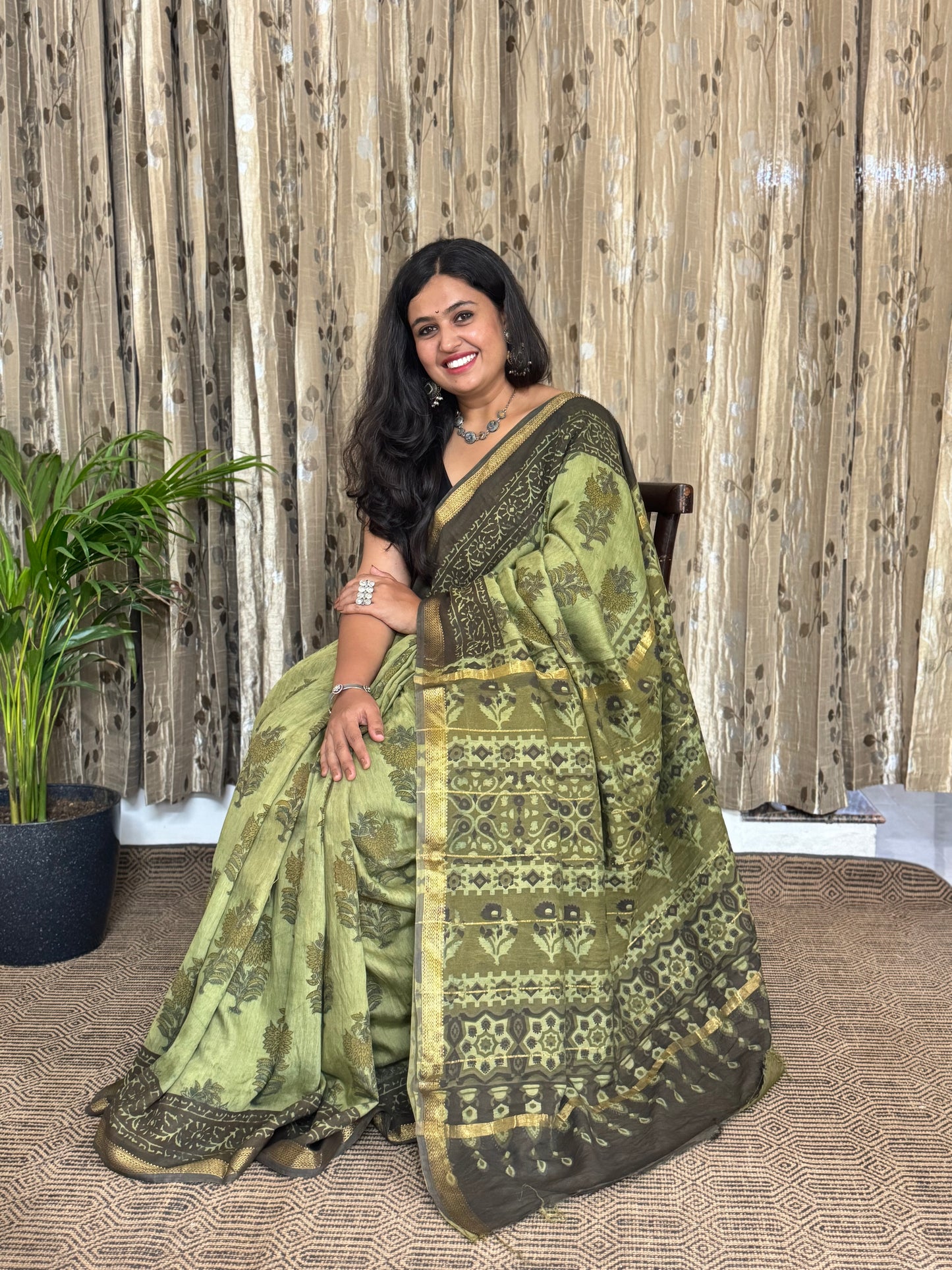 Green Maheshwari Cotton Zari Saree