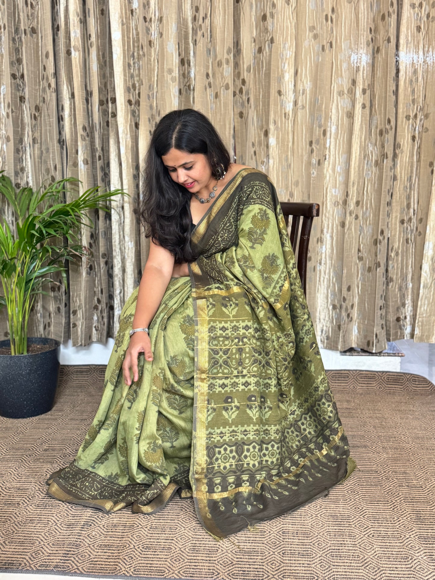 Green Maheshwari Cotton Zari Saree