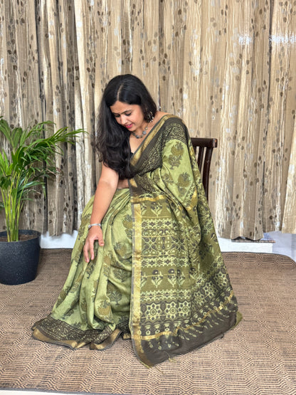 Green Maheshwari Cotton Zari Saree