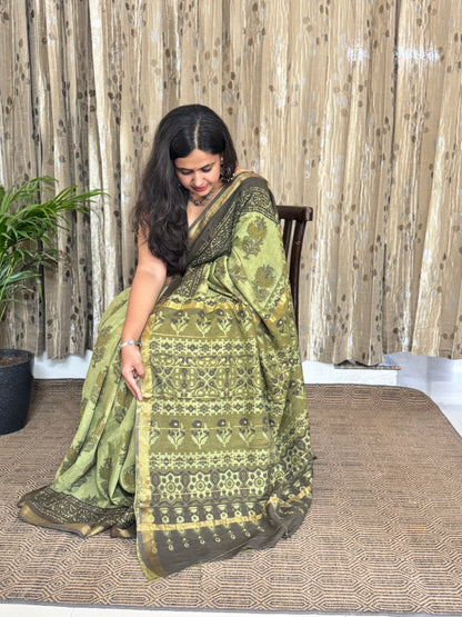 Green Maheshwari Cotton Zari Saree