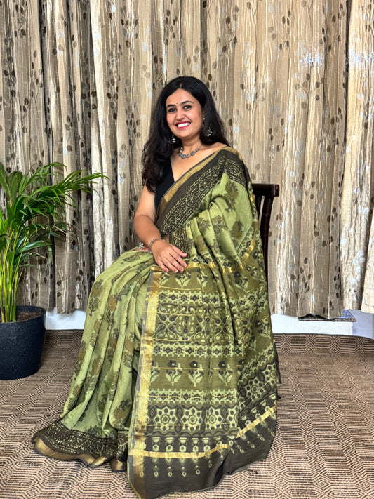 Green Maheshwari Cotton Zari Saree