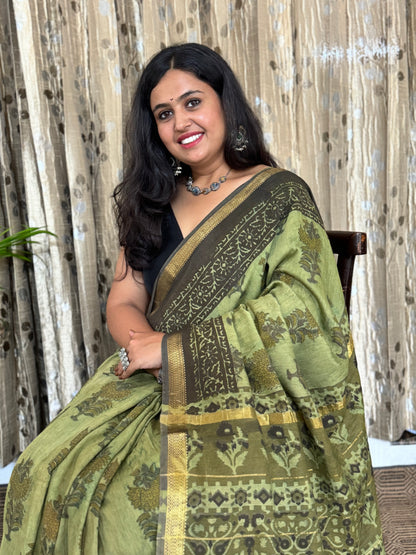 Green Maheshwari Cotton Zari Saree