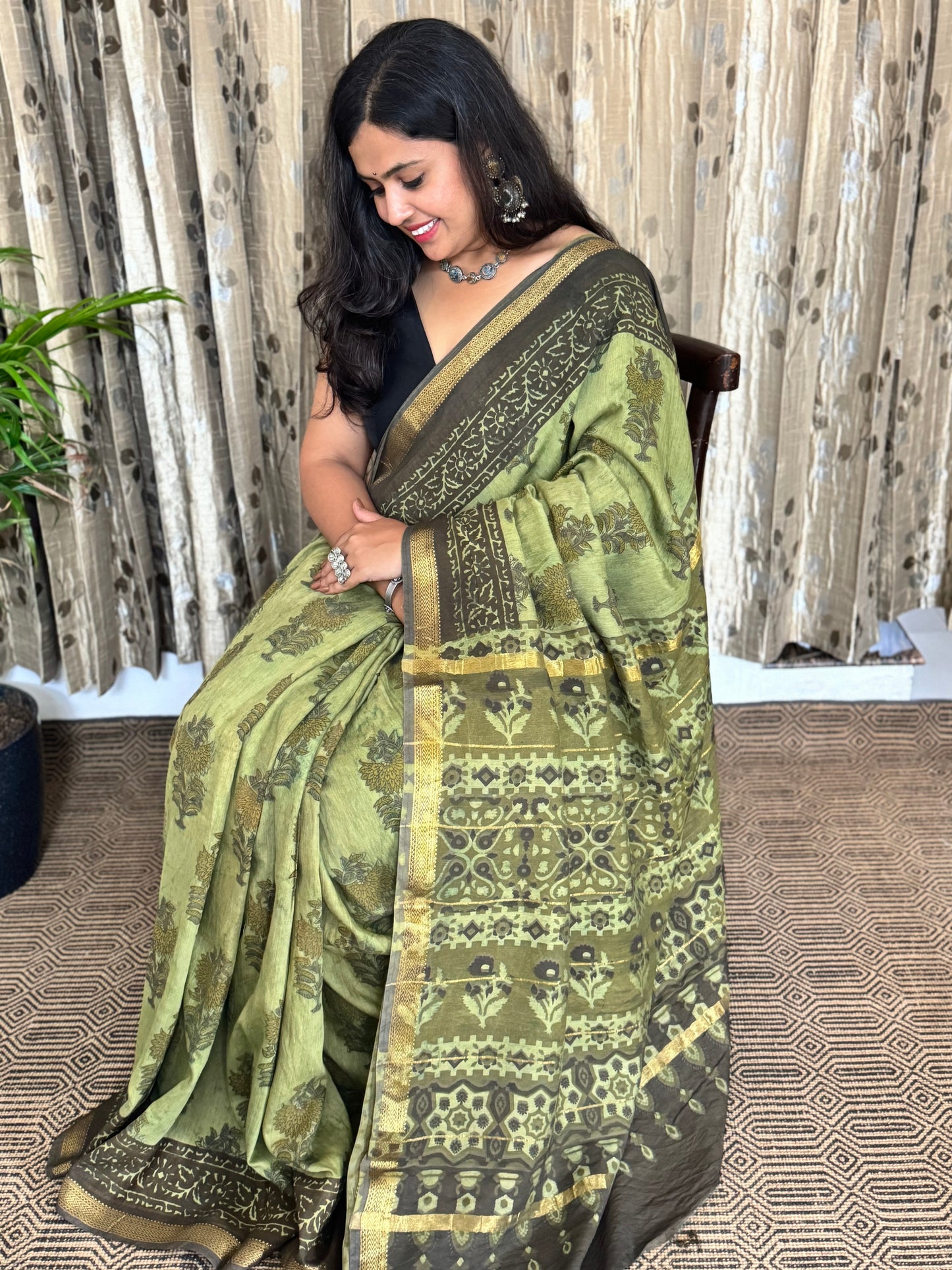 Green Maheshwari Cotton Zari Saree