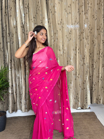 Pink Flower Embroidery Mul Cotton Saree