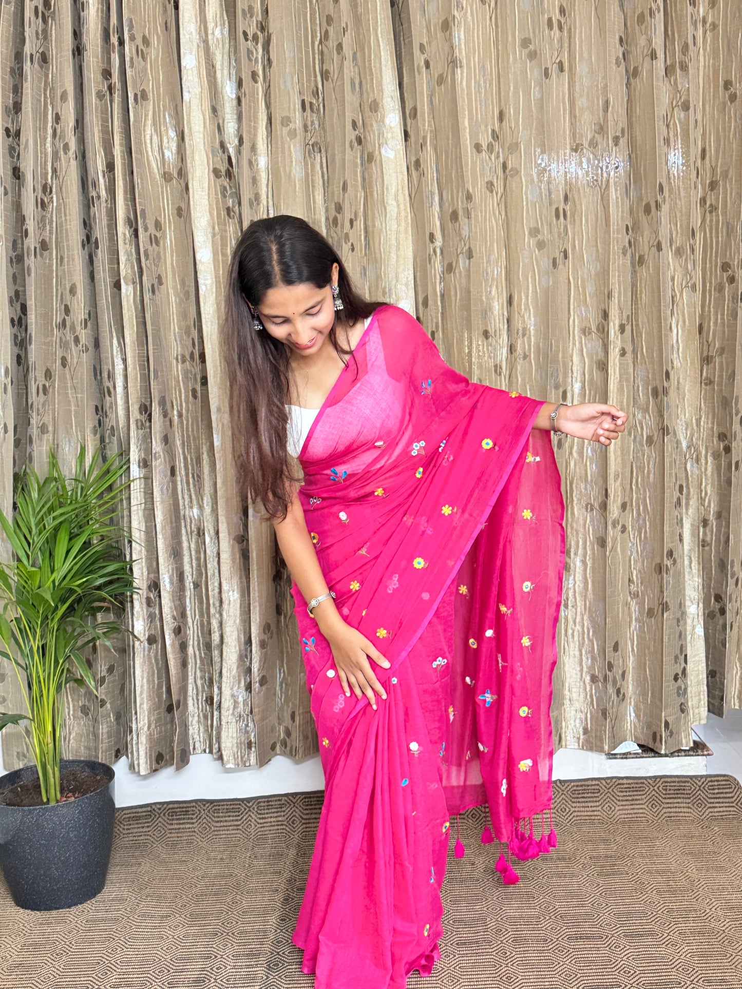 Pink Flower Embroidery Mul Cotton Saree