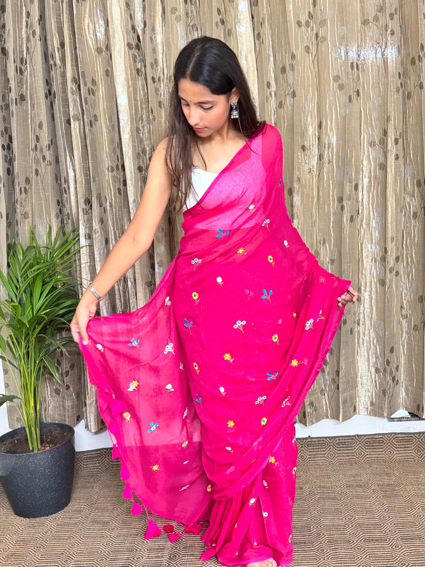 Pink Flower Embroidery Mul Cotton Saree