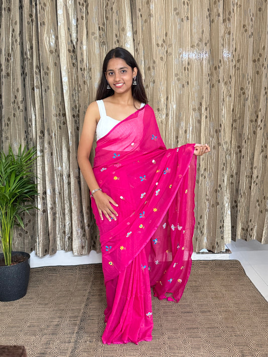 Pink Flower Embroidery Mul Cotton Saree
