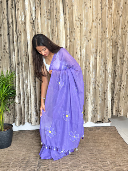 Lavender Handpainted Mul Cotton Saree