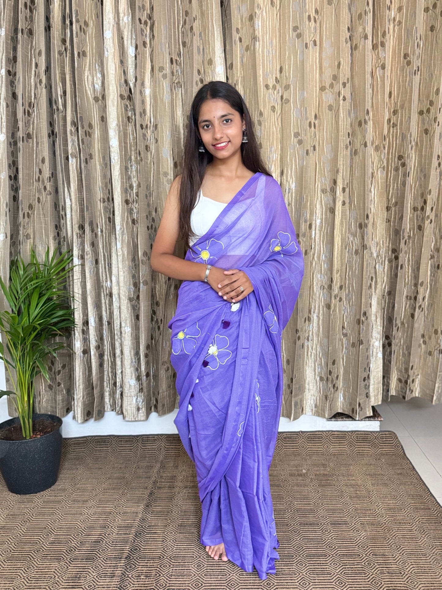 Lavender Handpainted Mul Cotton Saree