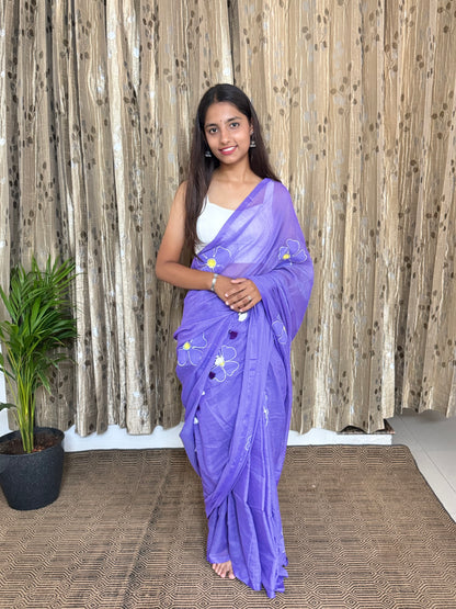 Lavender Handpainted Mul Cotton Saree