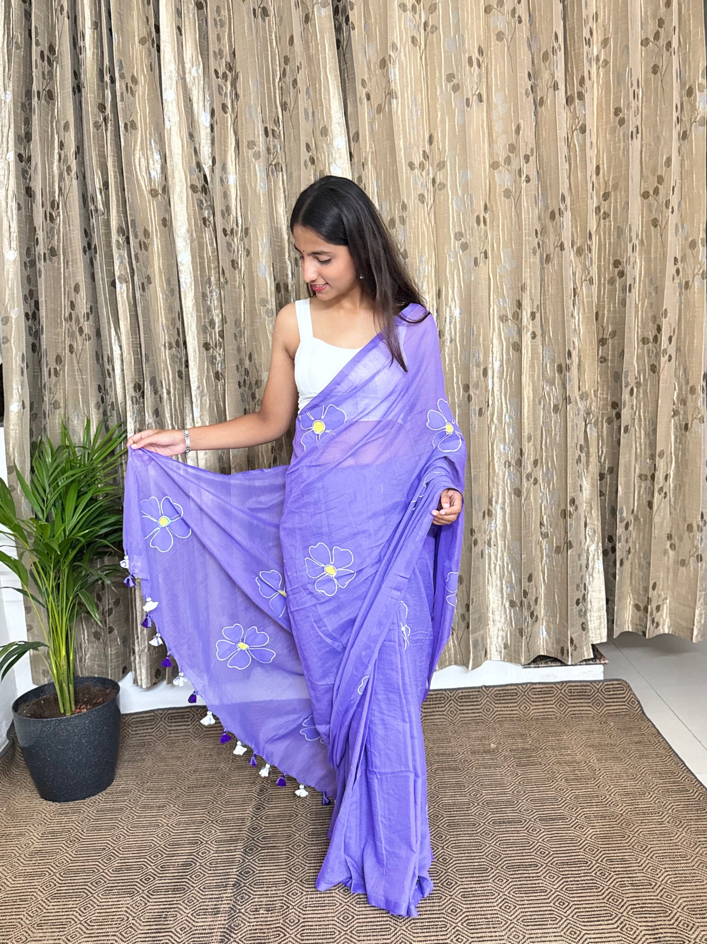 Lavender Handpainted Mul Cotton Saree