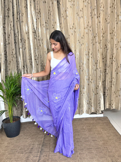 Lavender Handpainted Mul Cotton Saree