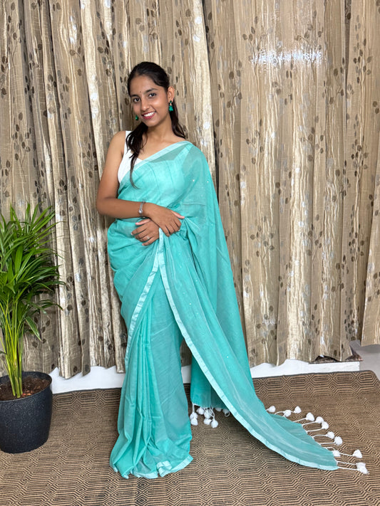 Sea Green Sequin Mul Cotton Saree (length)