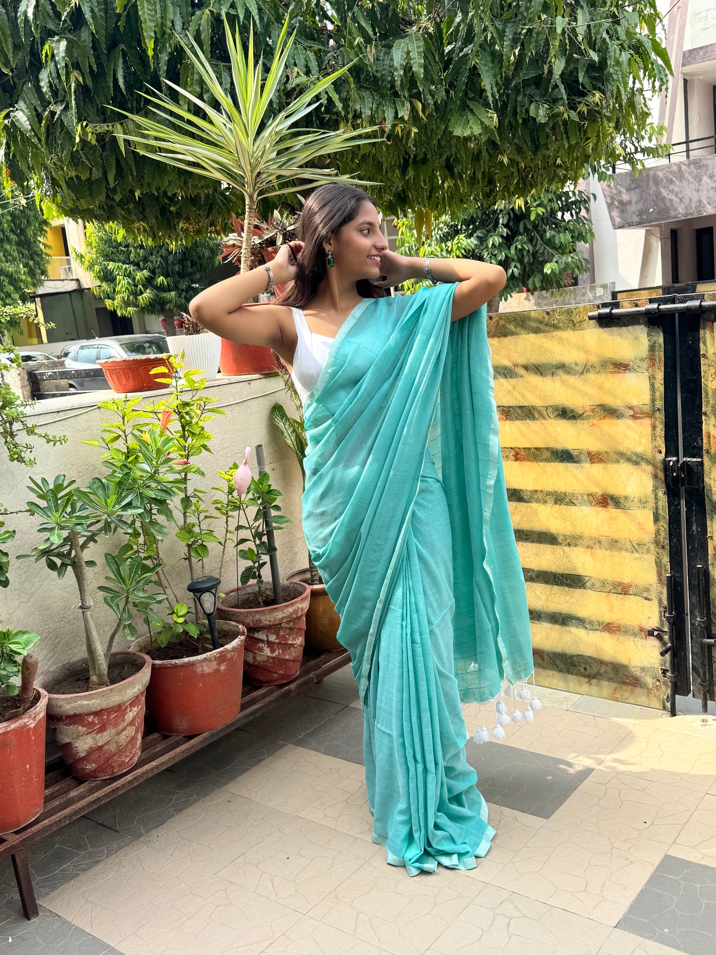 Sea Green Sequin Mul Cotton Saree (length)