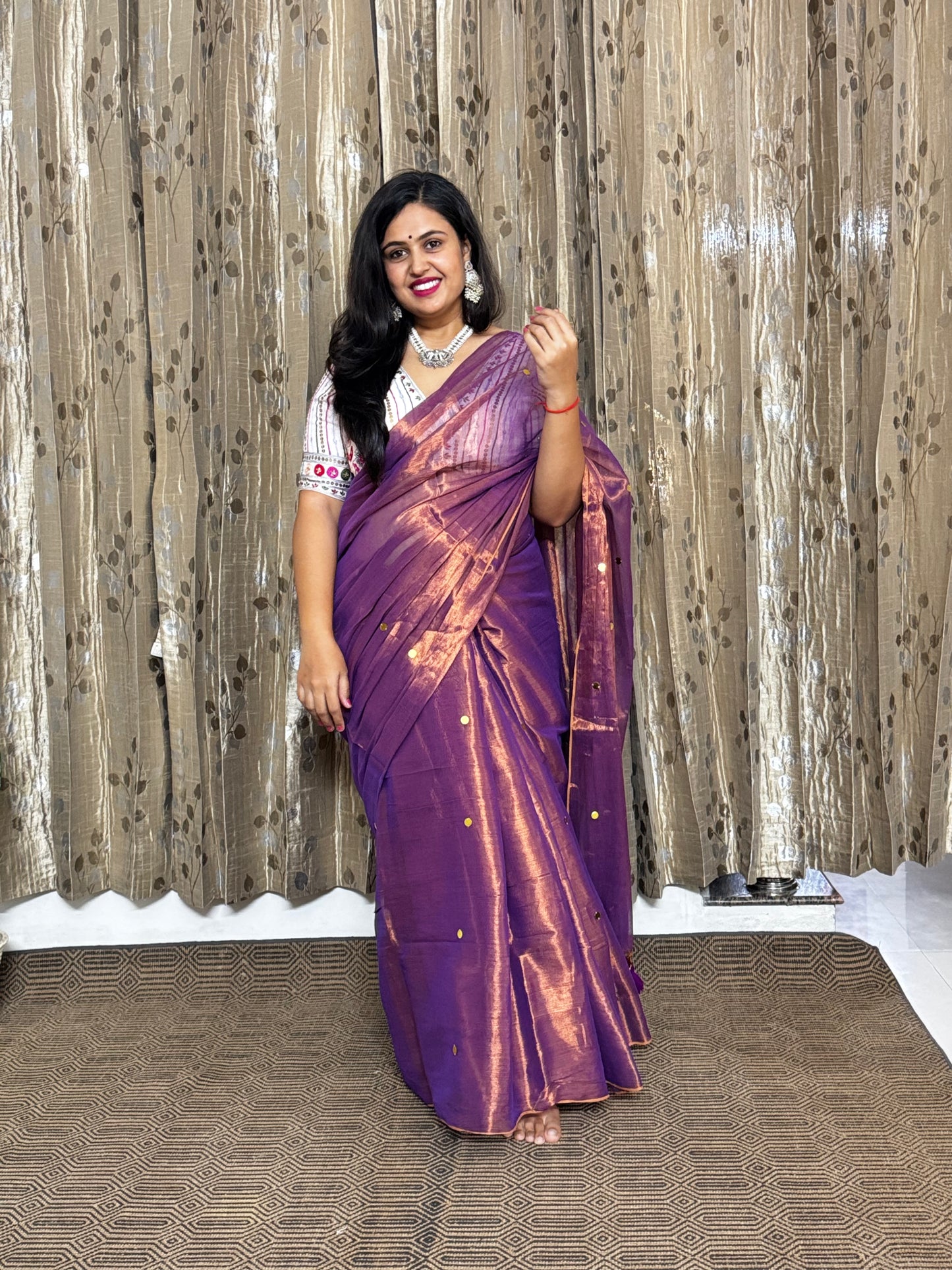 Purple Shimmer Tissue Saree With Chumki