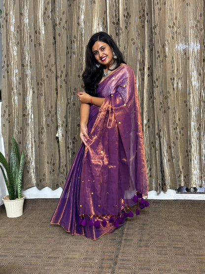 Purple Shimmer Tissue Saree With Chumki