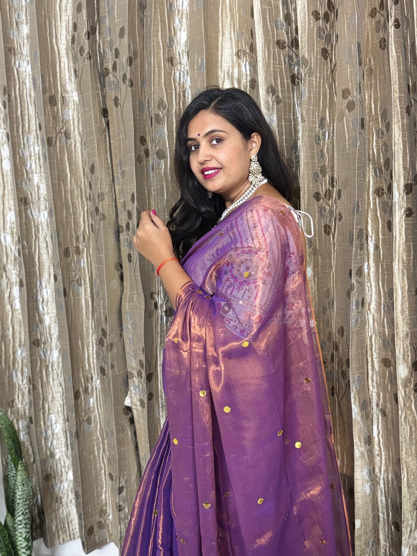Purple Shimmer Tissue Saree With Chumki