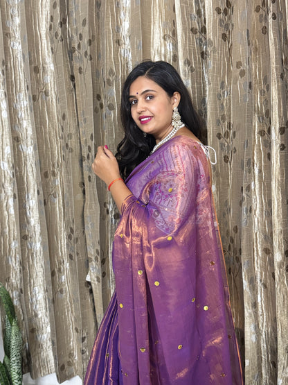 Purple Shimmer Tissue Saree With Chumki