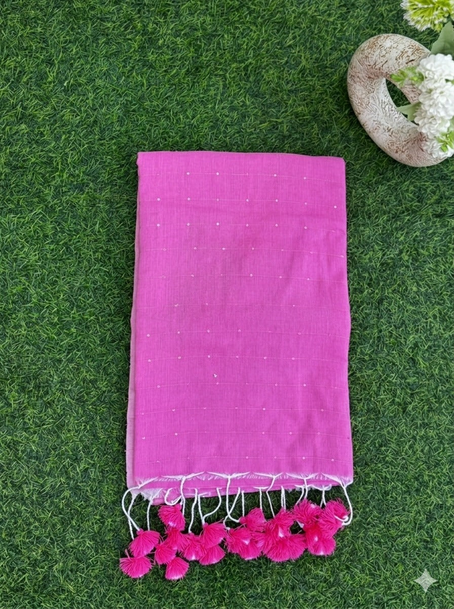 Pink Sequin Mul Cotton Saree